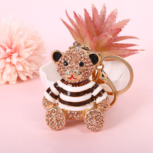 Peach Stripe Crystal Bear Keychain Sparkly Rhinestone Bag Charm Cute Alloy Keyring Gift  - Main product image
