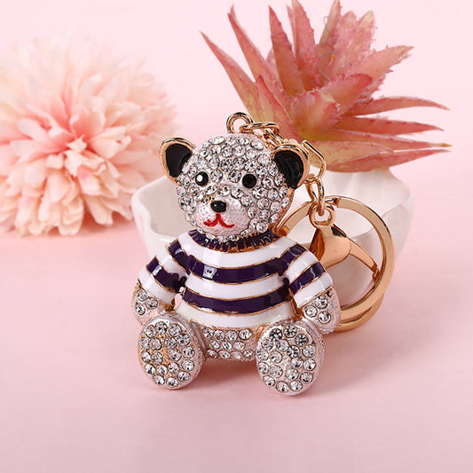 Purple Stripe Crystal Bear Keychain Sparkly Rhinestone Bag Charm Cute Alloy Keyring Gift  - Main product image