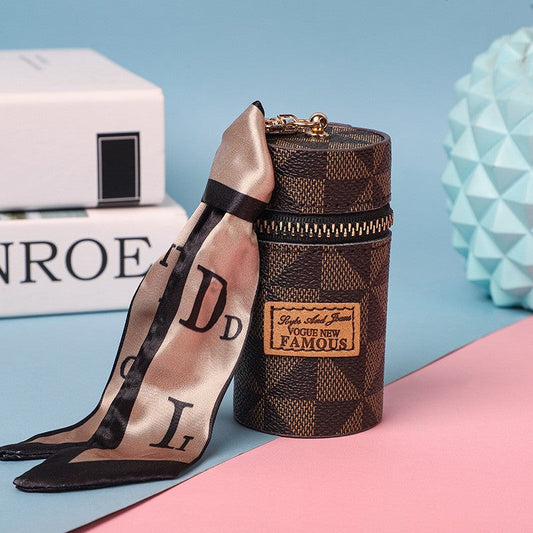 Women's Mini Cylinder Lipstick Case Keychain Brown Geometric Triangle Pattern Coin Purse with Silk Scarf Bag Charm for Earphones Keys