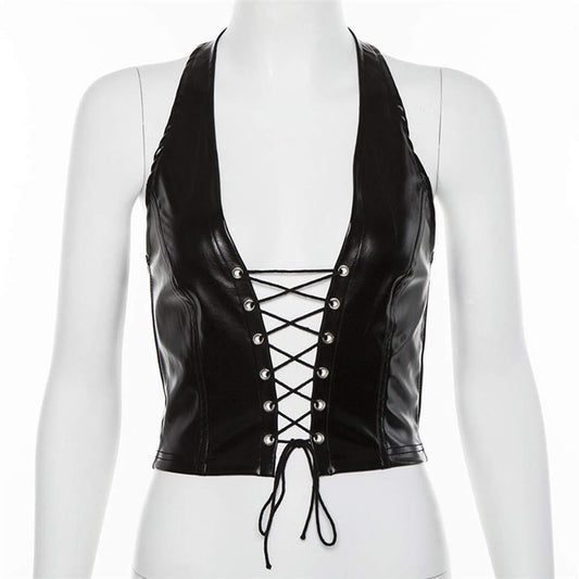 Women's Faux Leather Halter Crop Top Sexy Lace Up Deep V Camisole Gothic Punk Rave Festival Clubwear