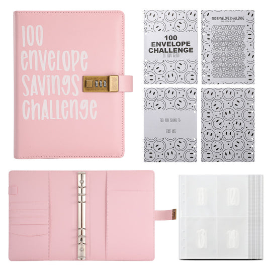 100 Envelope Savings Challenge Binder with Password Lock A5 Cash Stuffing Budget Planner Book Money Organizer for Couples (Pink) - Main product image