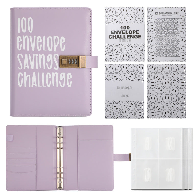 100 Envelope Savings Challenge Binder with Password Lock A5 Cash Stuffing Budget Planner Book Money Organizer for Couples (Purple) - Main product image