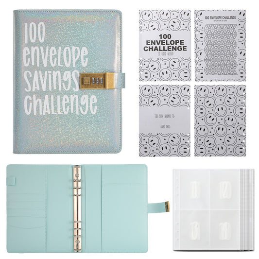 100 Envelope Savings Challenge Binder with Password Lock Holographic Blue A5 Cash Stuffing Budget Planner Book Money Organiser for Couples (Glitter Blue) - Main product image