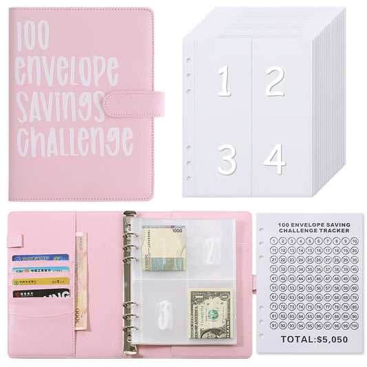 100 Envelope Savings Challenge Binder A5 Budget Planner Book PU Leather Cash Stuffing Money Organiser with Magnetic Closure & Tracker (Pink) - Main product image
