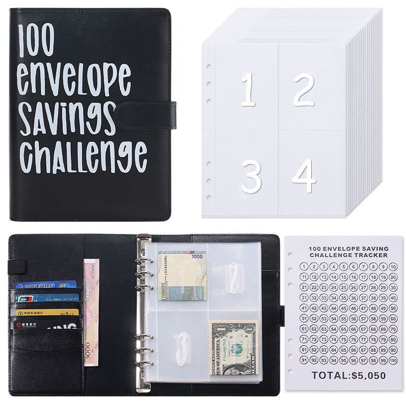 100 Envelope Savings Challenge Binder A5 Budget Planner Book PU Leather Cash Stuffing Money Organiser with Magnetic Closure & Tracker (Black) - Main product image