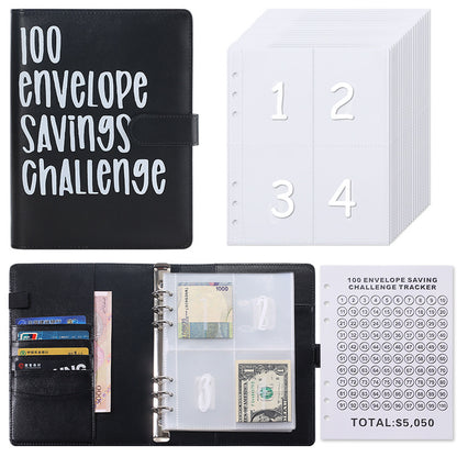 100 Envelope Savings Challenge Binder A5 Budget Planner Book PU Leather Cash Stuffing Money Organiser with Magnetic Closure & Tracker (Black) - Main product image