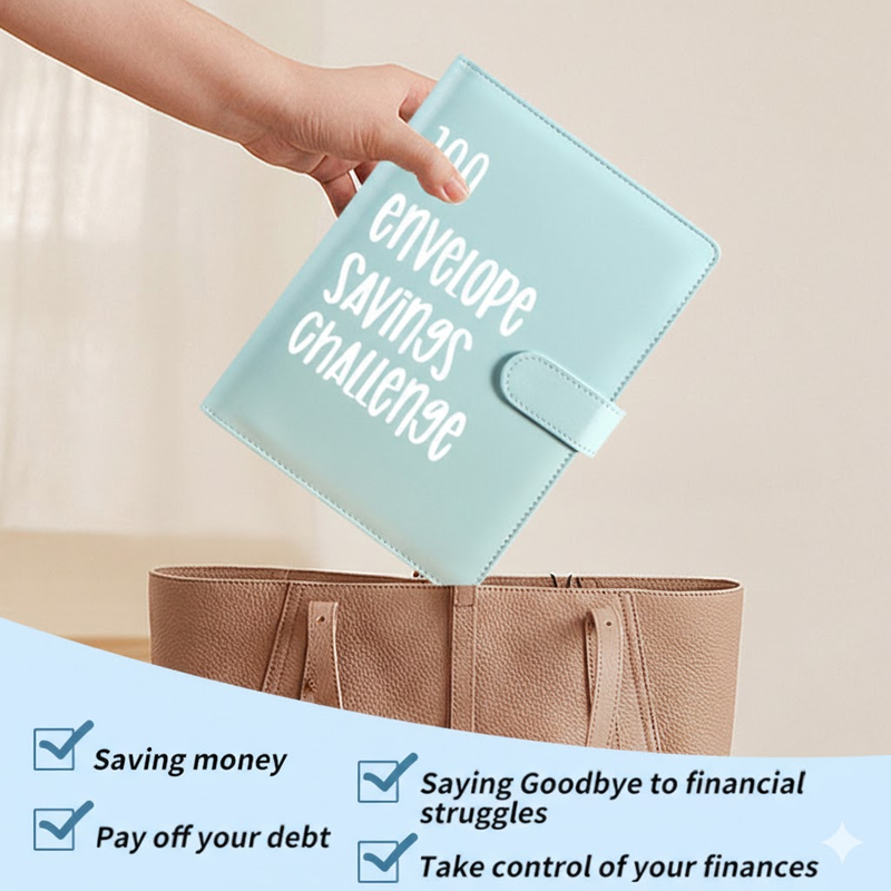 100 Envelope Savings Challenge Binder A5 Budget Planner Book PU Leather Cash Stuffing Money Organiser with Magnetic Closure & Tracker (Blue) - Product image 2