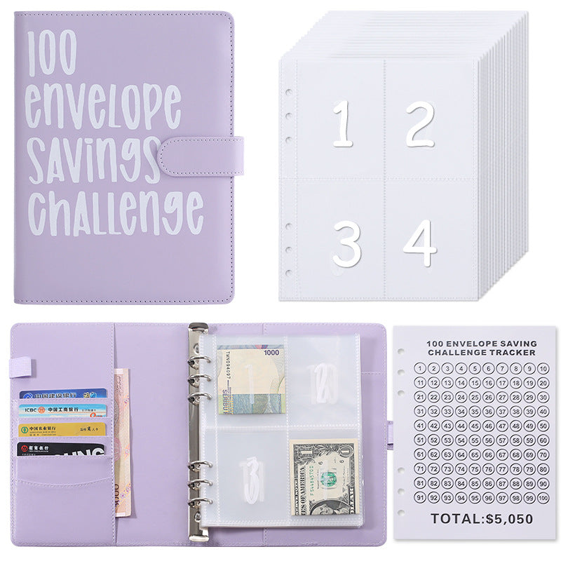 100 Envelope Savings Challenge Binder A5 Budget Planner Book PU Leather Cash Stuffing Money Organiser with Magnetic Closure & Tracker (Purple) - Main product image