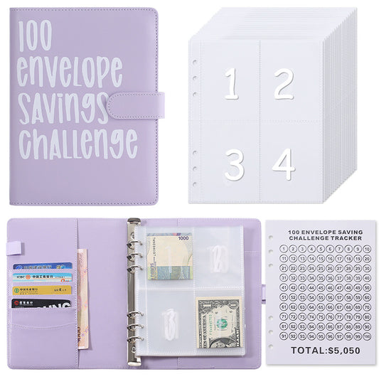 100 Envelope Savings Challenge Binder A5 Budget Planner Book PU Leather Cash Stuffing Money Organiser with Magnetic Closure & Tracker (Purple) - Main product image