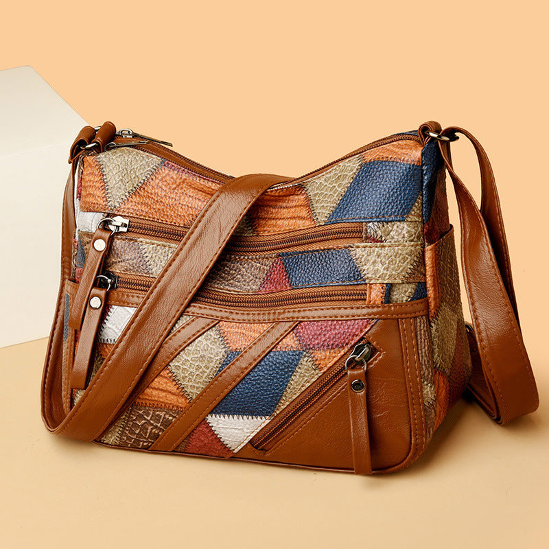 Lightweight Contrast Color Patchwork Shoulder Bag - Multi