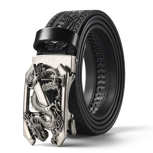 120CM Men's Genuine Cowhide Vintage Carved Belt with Sliver Dragon Design Automatic Sliding Buckle