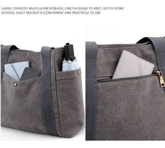 Grey Women's Large Canvas Tote Bag Minimalist Shoulder Handbag High Capacity 39cm for Work School & Travel - Product image 3