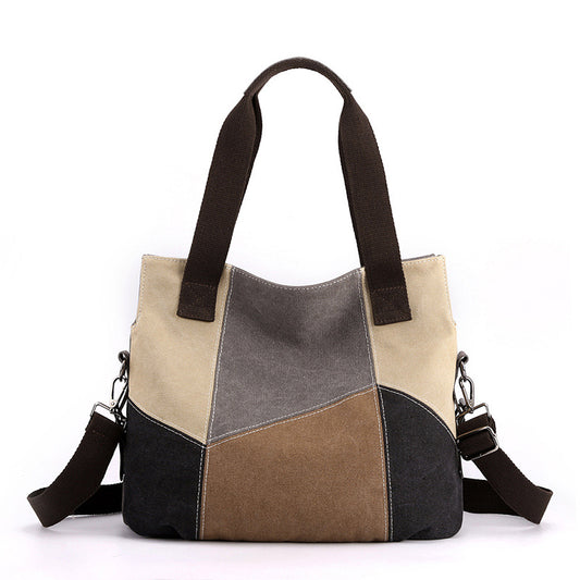 Grey Vintage Patchwork Canvas Tote Bag Large Capacity Multi-Pocket Women's Shoulder Handbag for Office Travel and Daily Use - Main product image