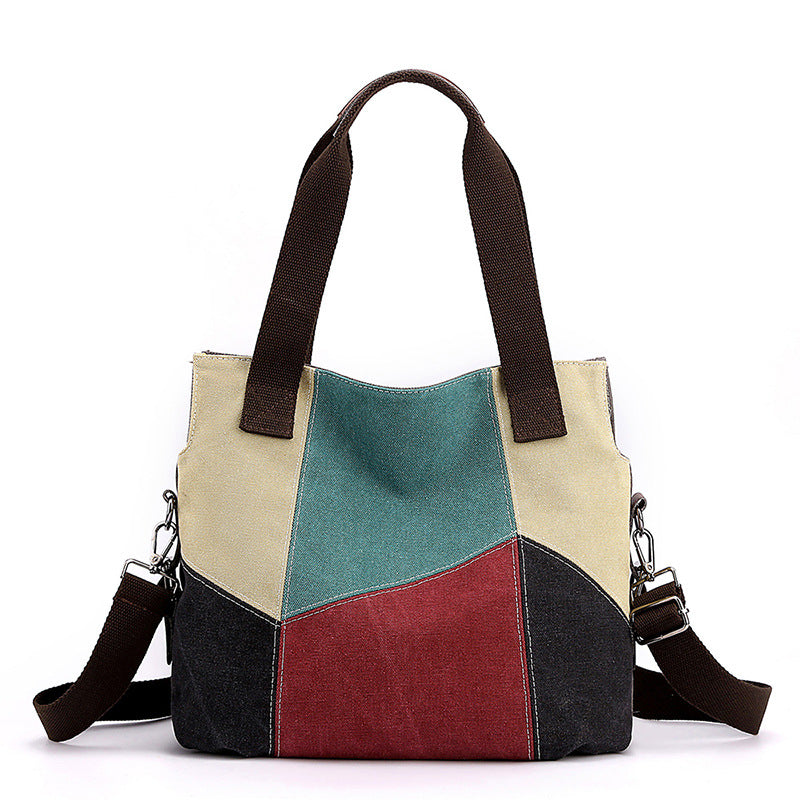 Red Vintage Patchwork Canvas Tote Bag Large Capacity Multi-Pocket Women's Shoulder Handbag for Office Travel and Daily Use - Main product image